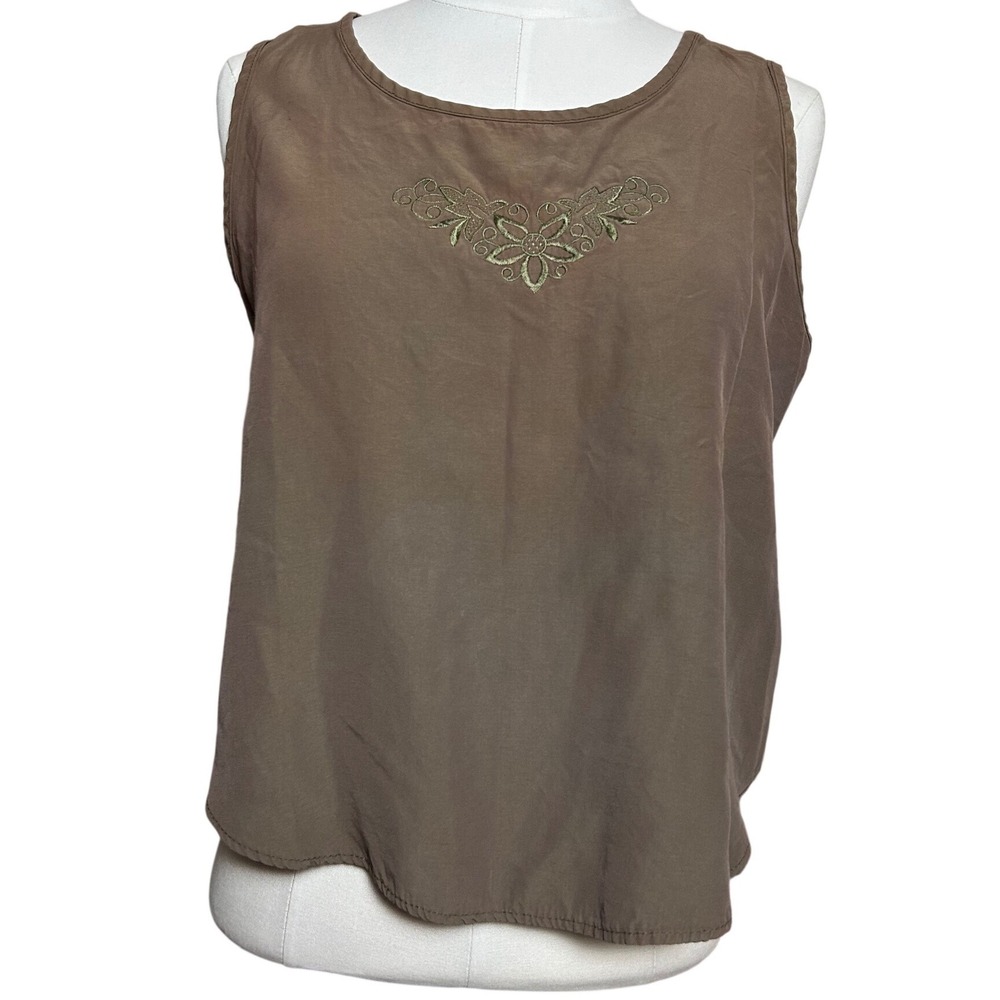 VTG Womens Taupe Brown Sleeveless Embroidered Floral Scoop Neck Boho Tank Top